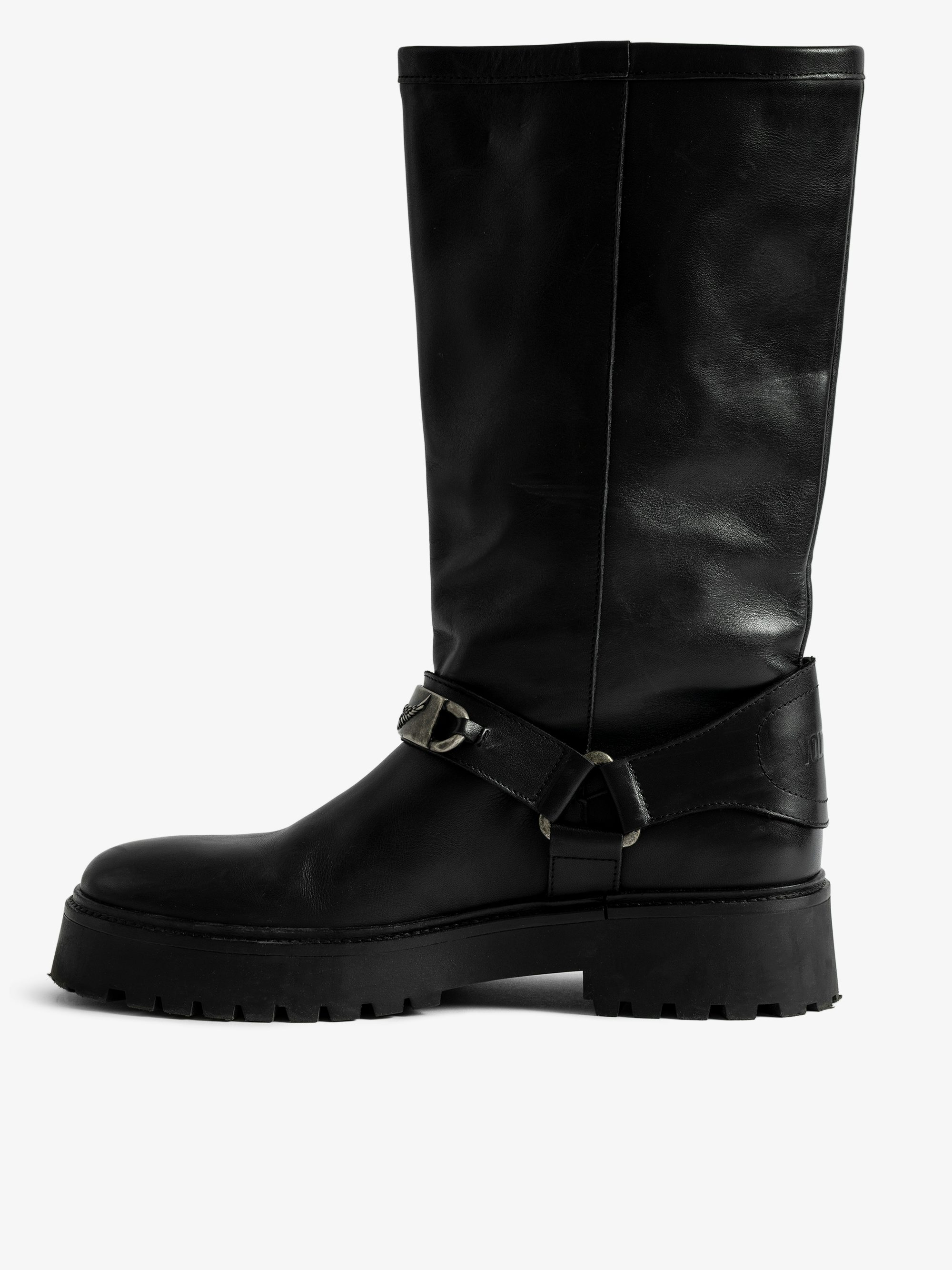 Angie Ankle Boots - Biker-inspired leather ankle boots with harness adorned with chain details.